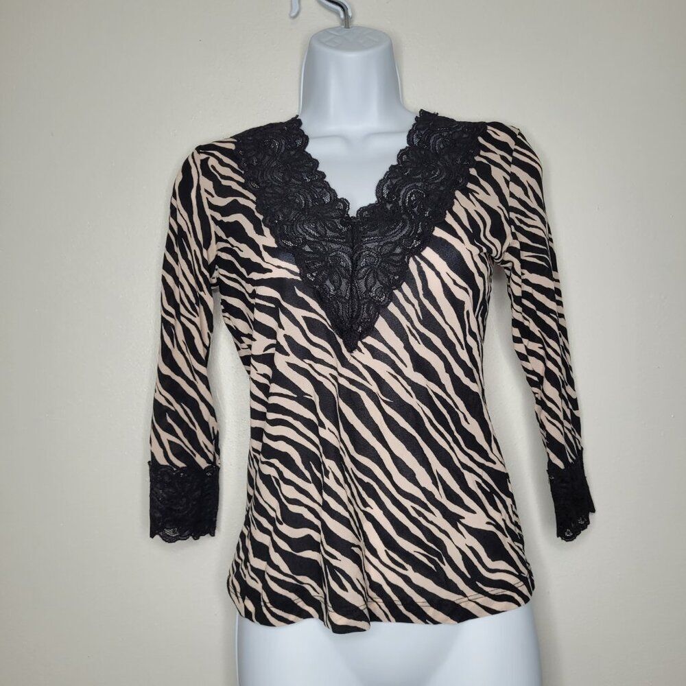 Vintage 90s animal print zebra semi sheer lace trim stretch party top size M